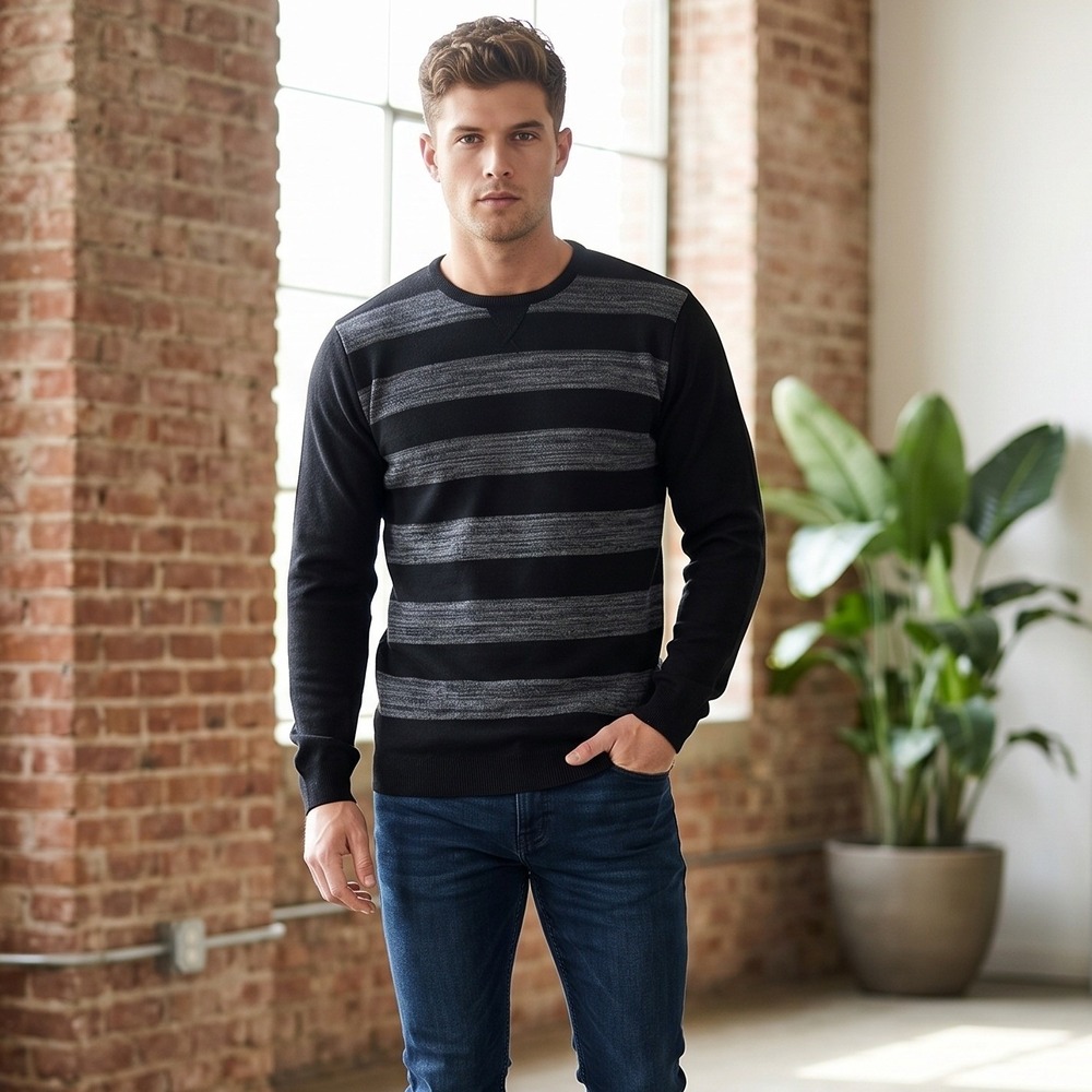 Buffalo Mens XL Black Striped Sweater Lorenzo Crew Neck Pullover Long Sleeve